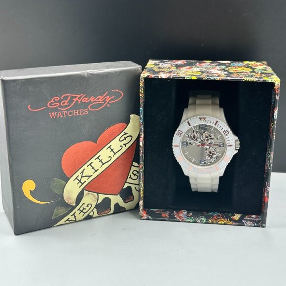 Ed Hardy Watch Women White Silver Floral Dial Silicone Band New Battery - Picture 2 of 16